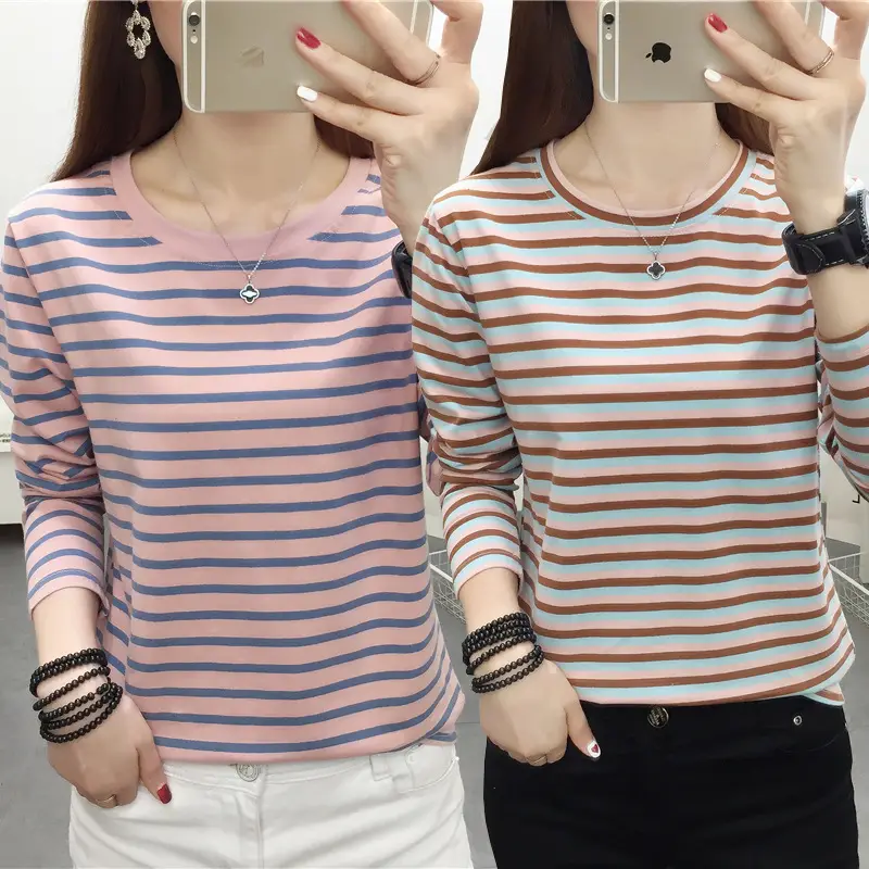 Women Striped Cotton Long Sleeve T-Shirt Plus Size - Image 15