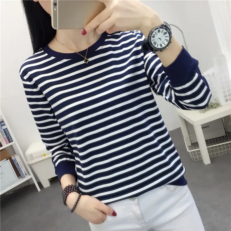 Women Striped Cotton Long Sleeve T-Shirt Plus Size - Image 16