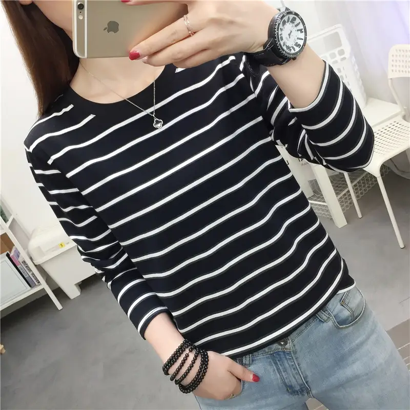 Women Striped Cotton Long Sleeve T-Shirt Plus Size - Image 13