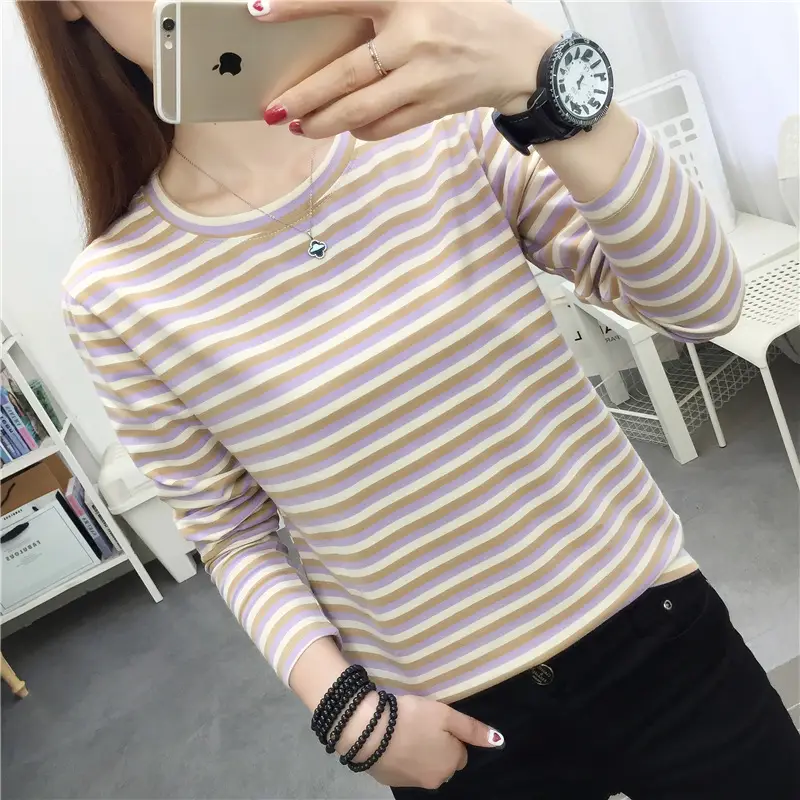 Women Striped Cotton Long Sleeve T-Shirt Plus Size - Image 4