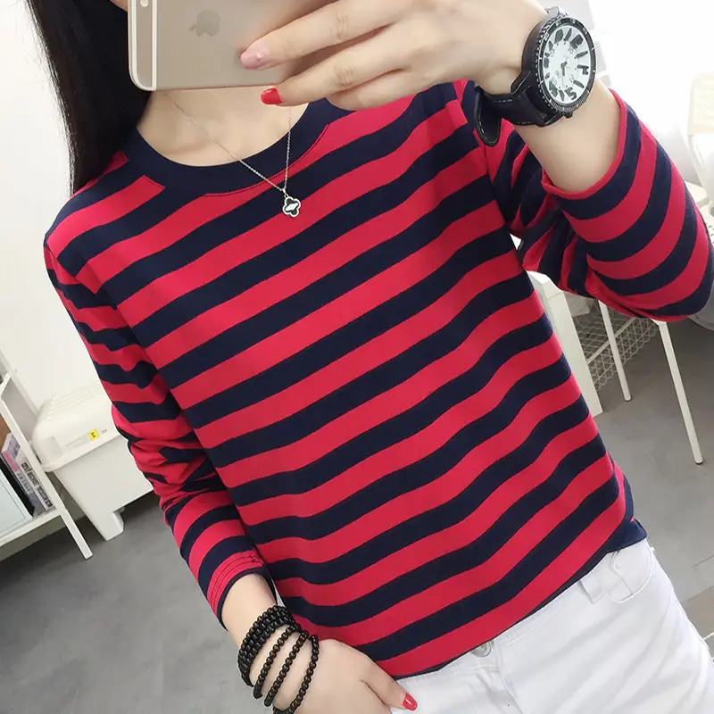 Women Striped Cotton Long Sleeve T-Shirt Plus Size - Image 6