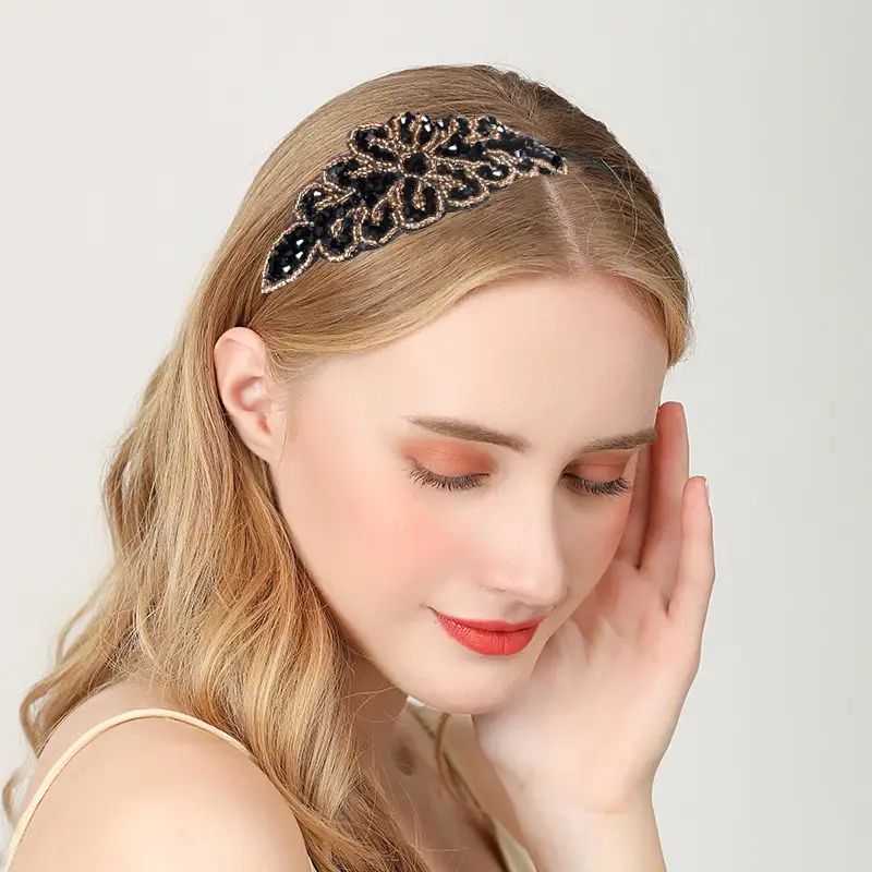 Black Crystal Beaded Hair Hoop Headband for Women - Image 9