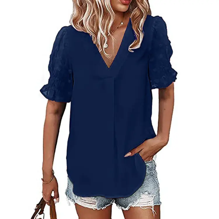 Women V-Neck Chiffon Shirt Blue Short Sleeve Casual - Image 8