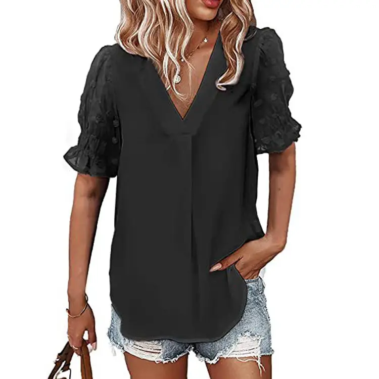 Women V-Neck Chiffon Shirt Blue Short Sleeve Casual - Image 9