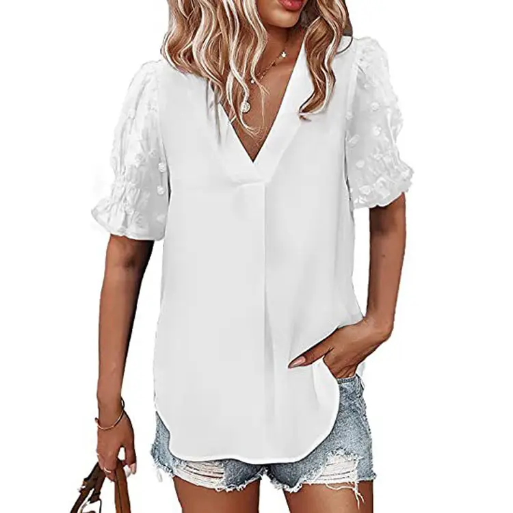 Women V-Neck Chiffon Shirt Blue Short Sleeve Casual - Image 10