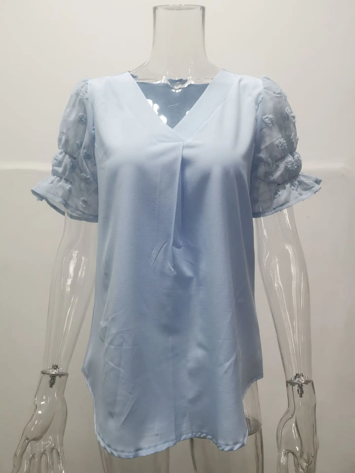 Women V-Neck Chiffon Shirt Blue Short Sleeve Casual — feature 33