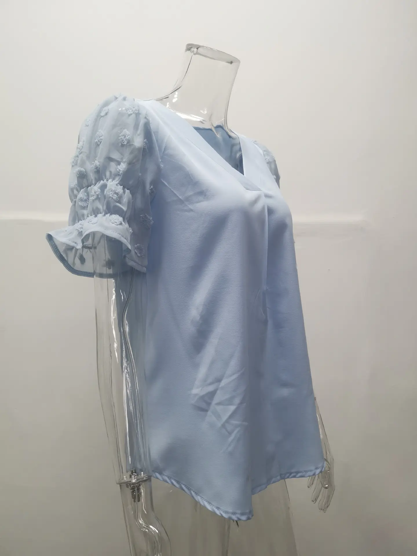 Women V-Neck Chiffon Shirt Blue Short Sleeve Casual — feature 34
