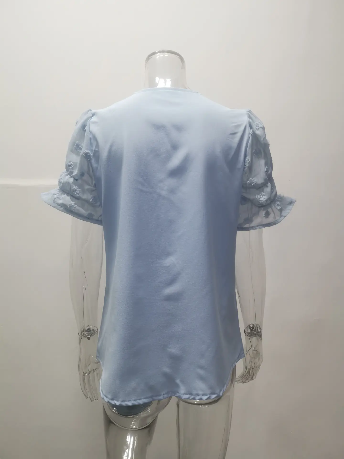 Women V-Neck Chiffon Shirt Blue Short Sleeve Casual — feature 35