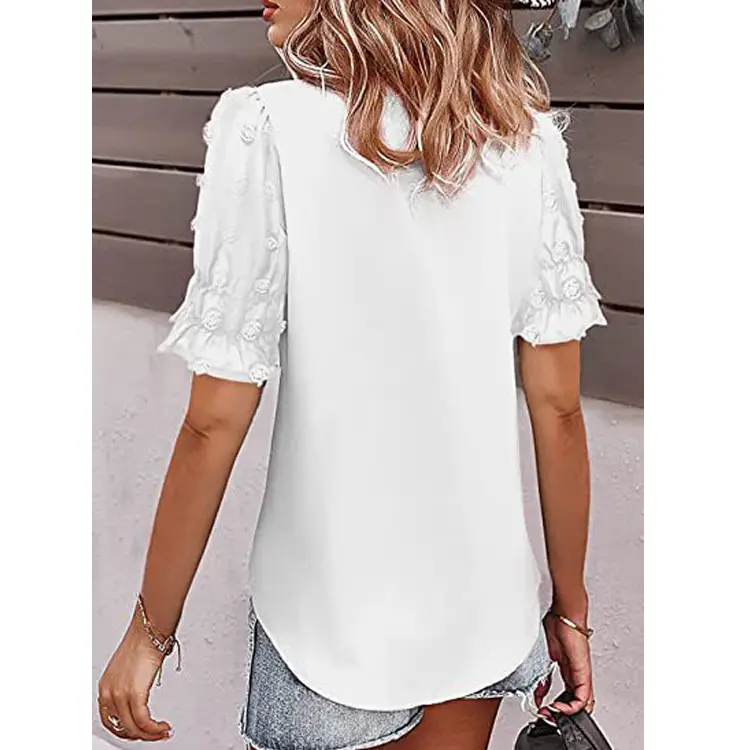 Women V-Neck Chiffon Shirt Blue Short Sleeve Casual — feature 39