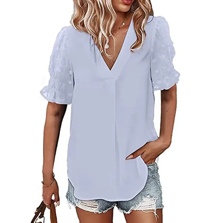 Women V-Neck Chiffon Shirt Blue Short Sleeve Casual — feature 40