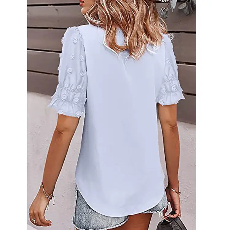 Women V-Neck Chiffon Shirt Blue Short Sleeve Casual — feature 41