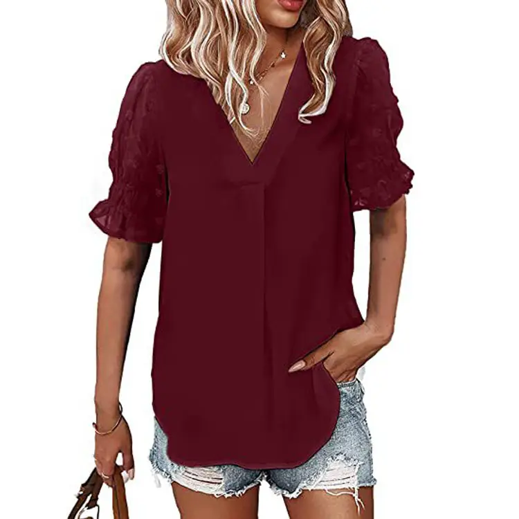 Women V-Neck Chiffon Shirt Blue Short Sleeve Casual — feature 42