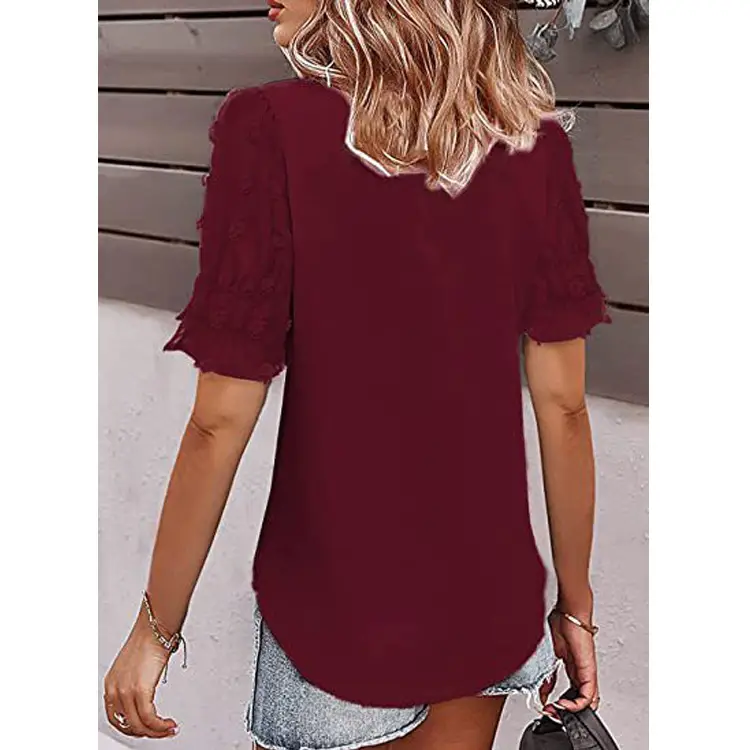 Women V-Neck Chiffon Shirt Blue Short Sleeve Casual — feature 43
