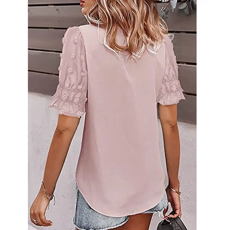 Women V-Neck Chiffon Shirt Blue Short Sleeve Casual — feature 44