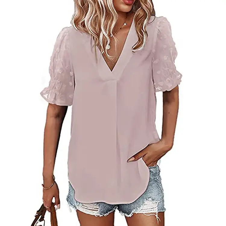 Women V-Neck Chiffon Shirt Blue Short Sleeve Casual — feature 45