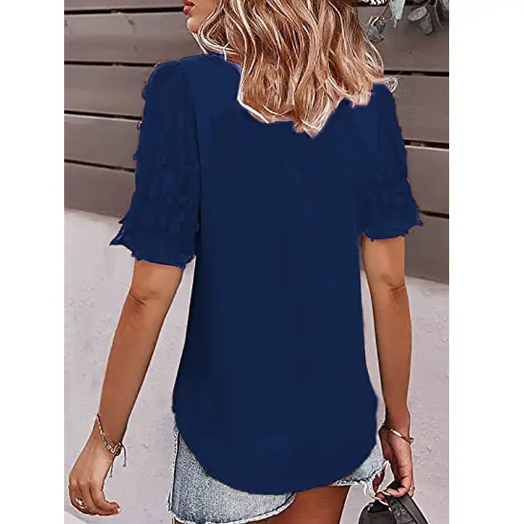 Women V-Neck Chiffon Shirt Blue Short Sleeve Casual — feature 47