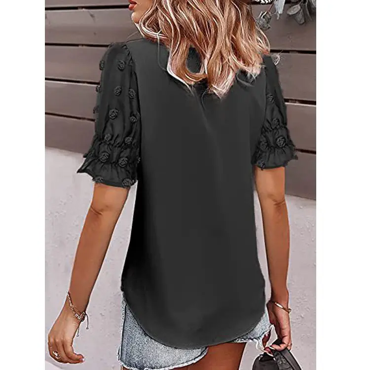 Women V-Neck Chiffon Shirt Blue Short Sleeve Casual — feature 49