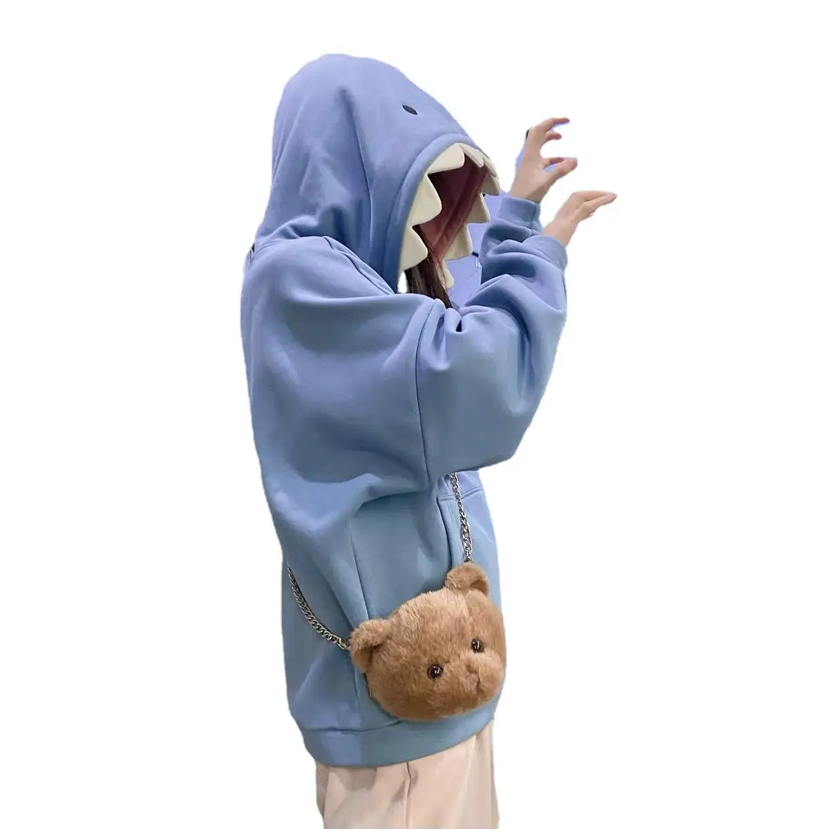 Men Velvet Hoodie Grey Cartoon Print Sweatpants