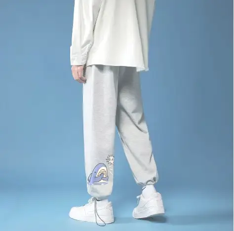 Men Velvet Hoodie Grey Cartoon Print Sweatpants