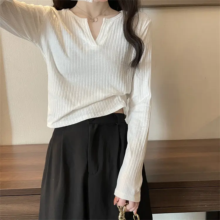 Women Black Long Sleeve V-Neck Top with Grey Pants - Image 14