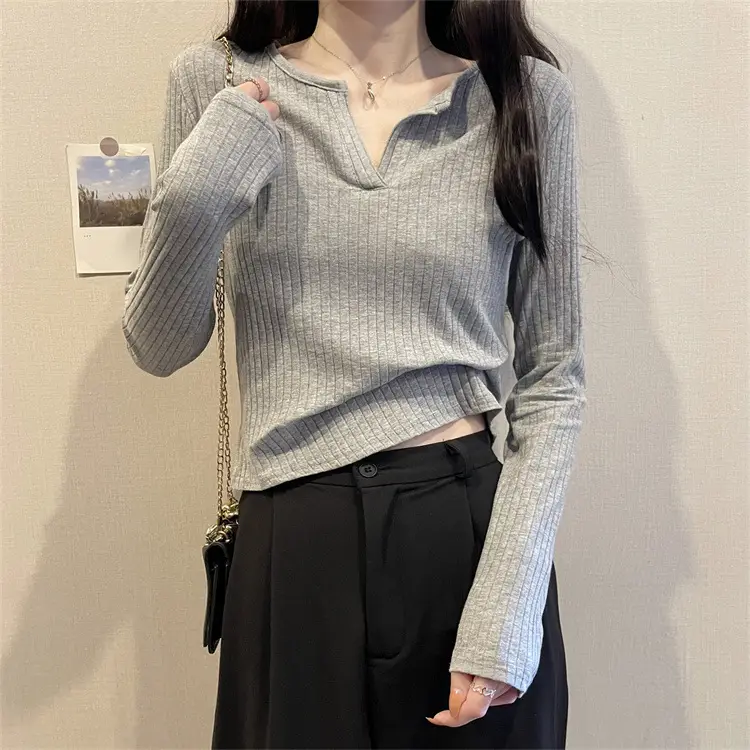 Women Black Long Sleeve V-Neck Top with Grey Pants - Image 15