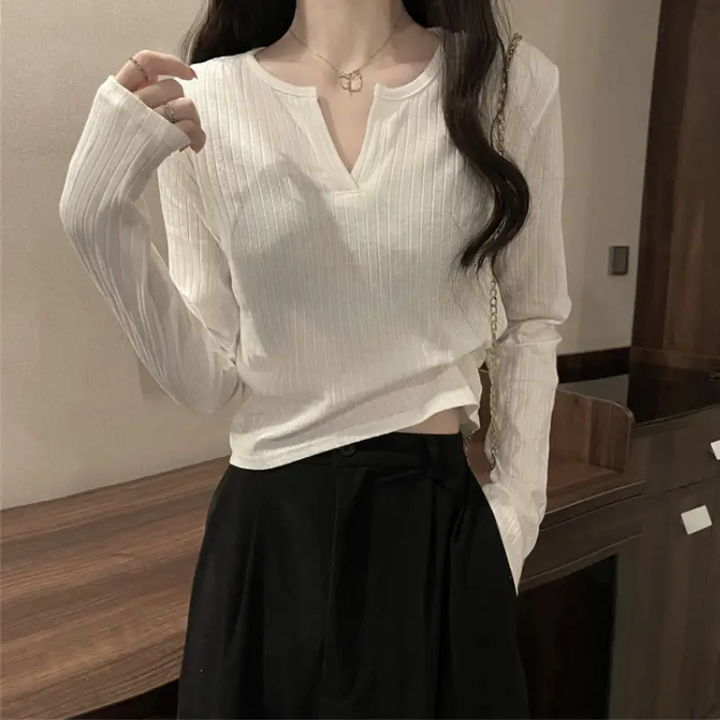 Women Black Long Sleeve V-Neck Top with Grey Pants — feature 3