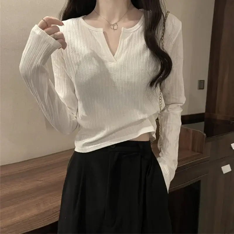 Women Black Long Sleeve V-Neck Top with Grey Pants - Image 12