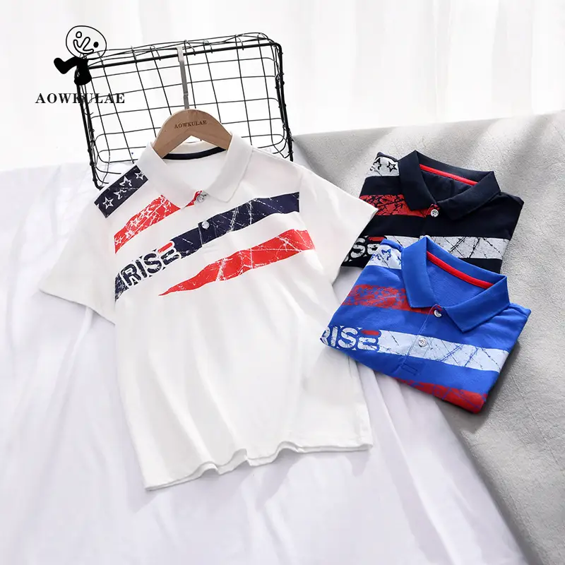 Kids Navy Printed Polo Shirt Mid Size Short Sleeve