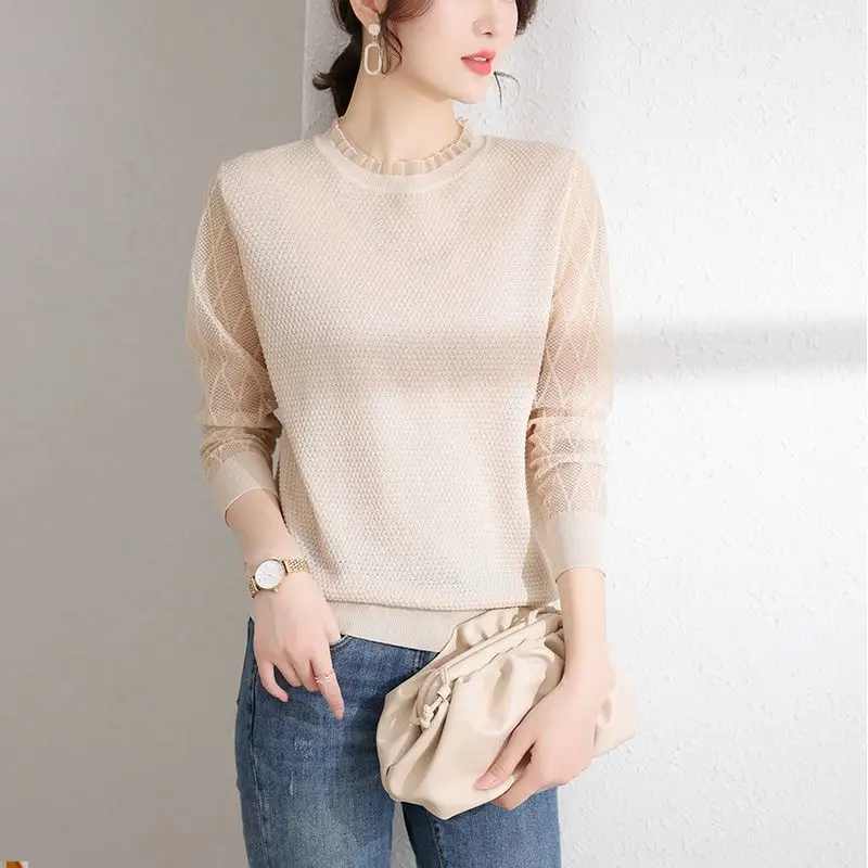 Women Long Sleeve Lace Knitted T-Shirt Blue 2023 - Image 6