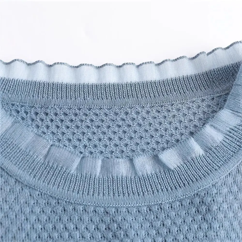 Women Long Sleeve Lace Knitted T-Shirt Blue 2023 - Image 7