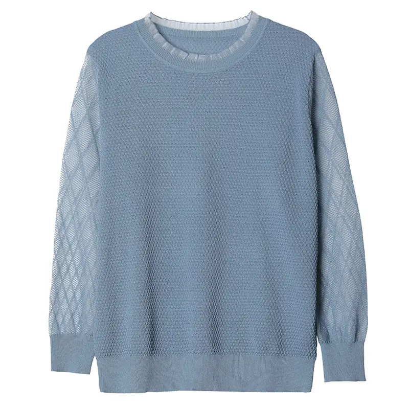 Women Long Sleeve Lace Knitted T-Shirt Blue 2023 - Image 8