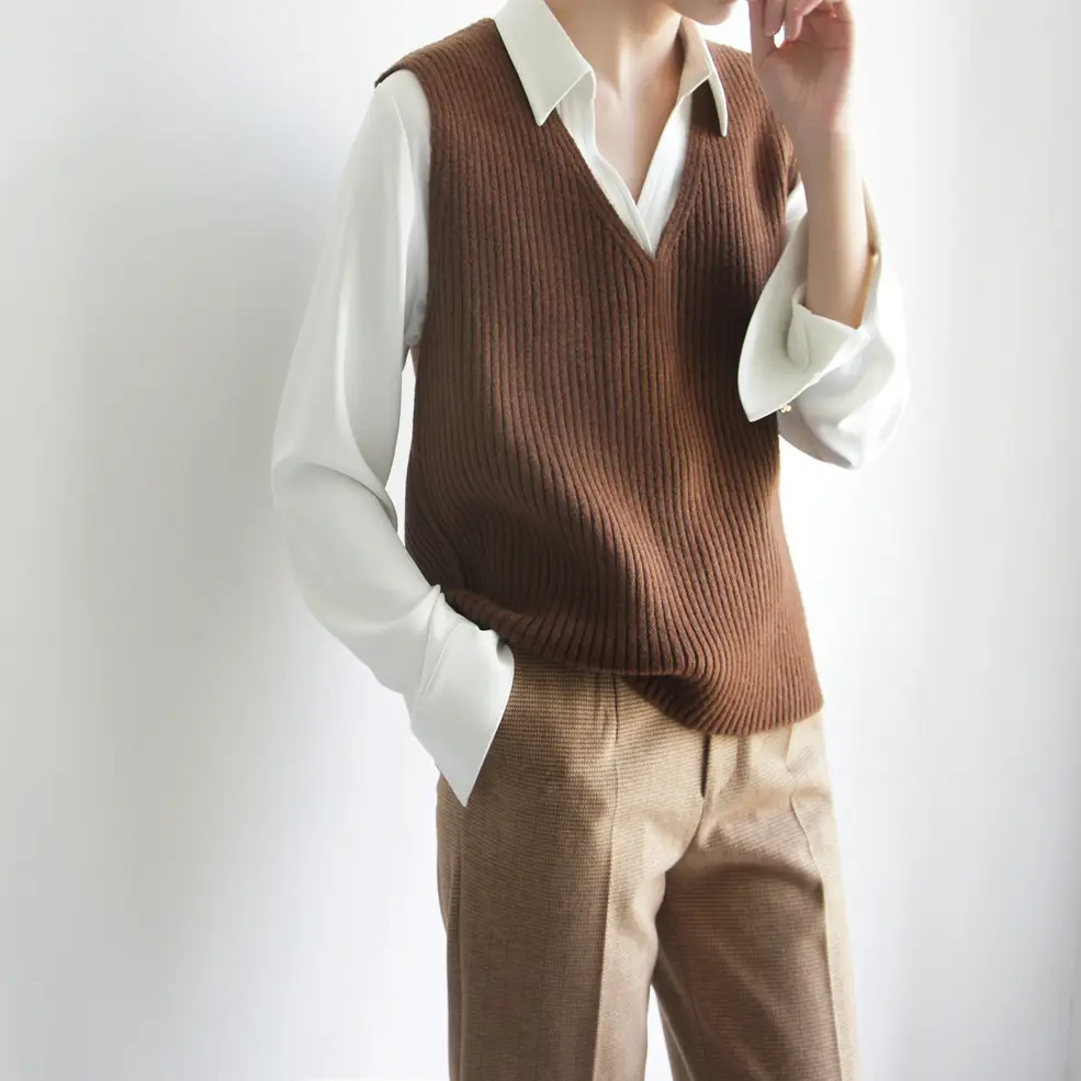 Brown V-Neck Long Sleeve Vest with Metal Buckle - Image 3