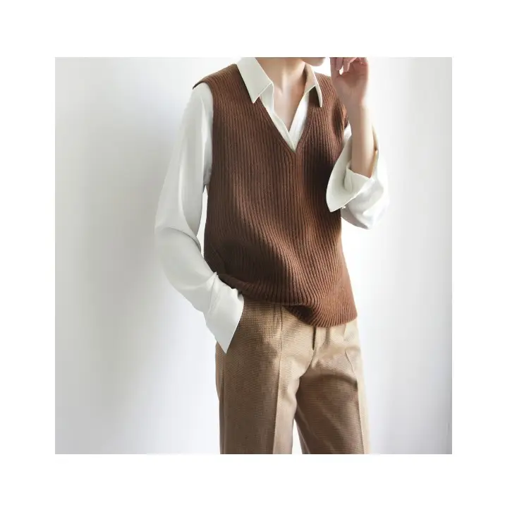 Brown V-Neck Long Sleeve Vest with Metal Buckle - Image 5