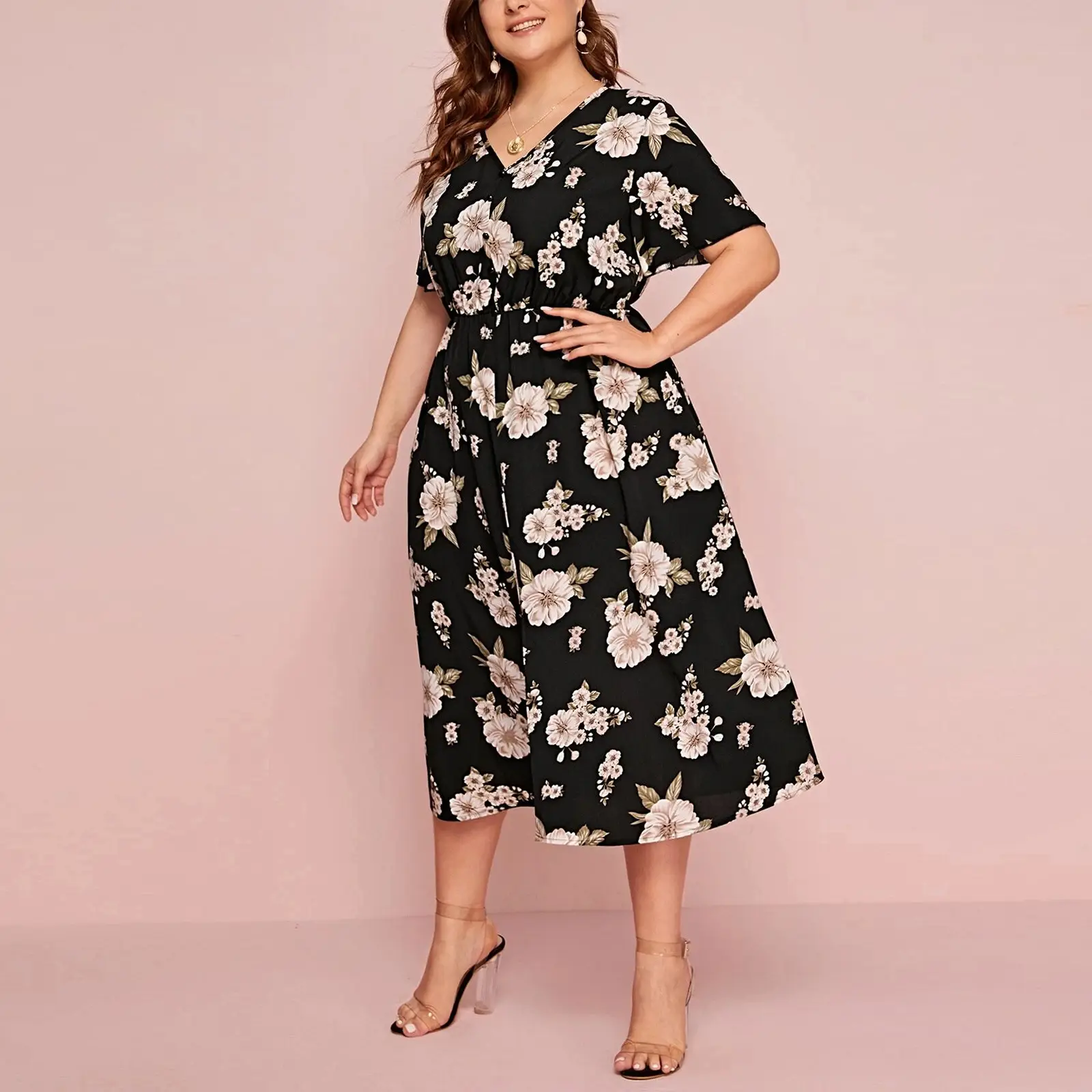 Plus Size Floral V-Neck Chiffon Dress Black - Image 2