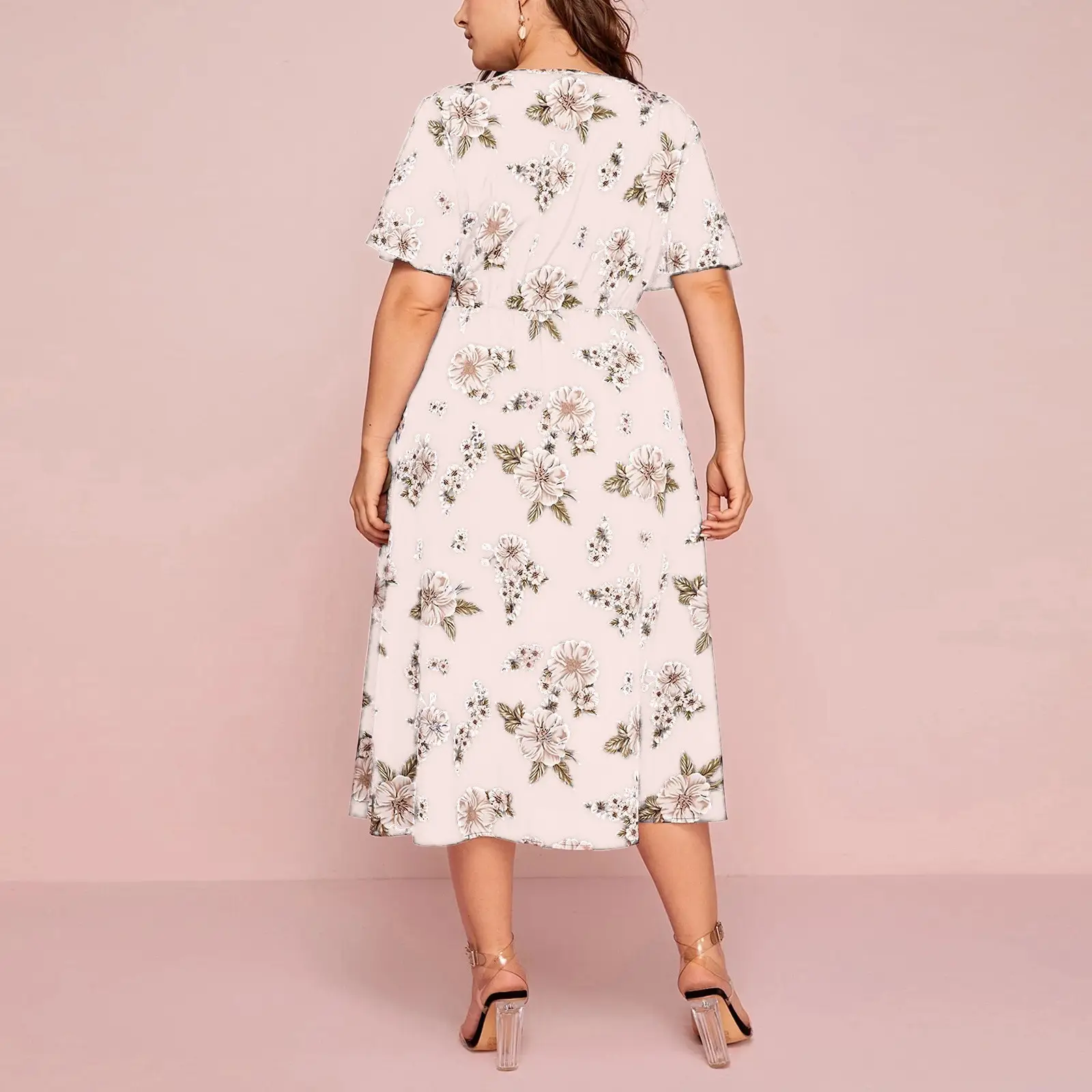 Plus Size Floral V-Neck Chiffon Dress Black - Image 6