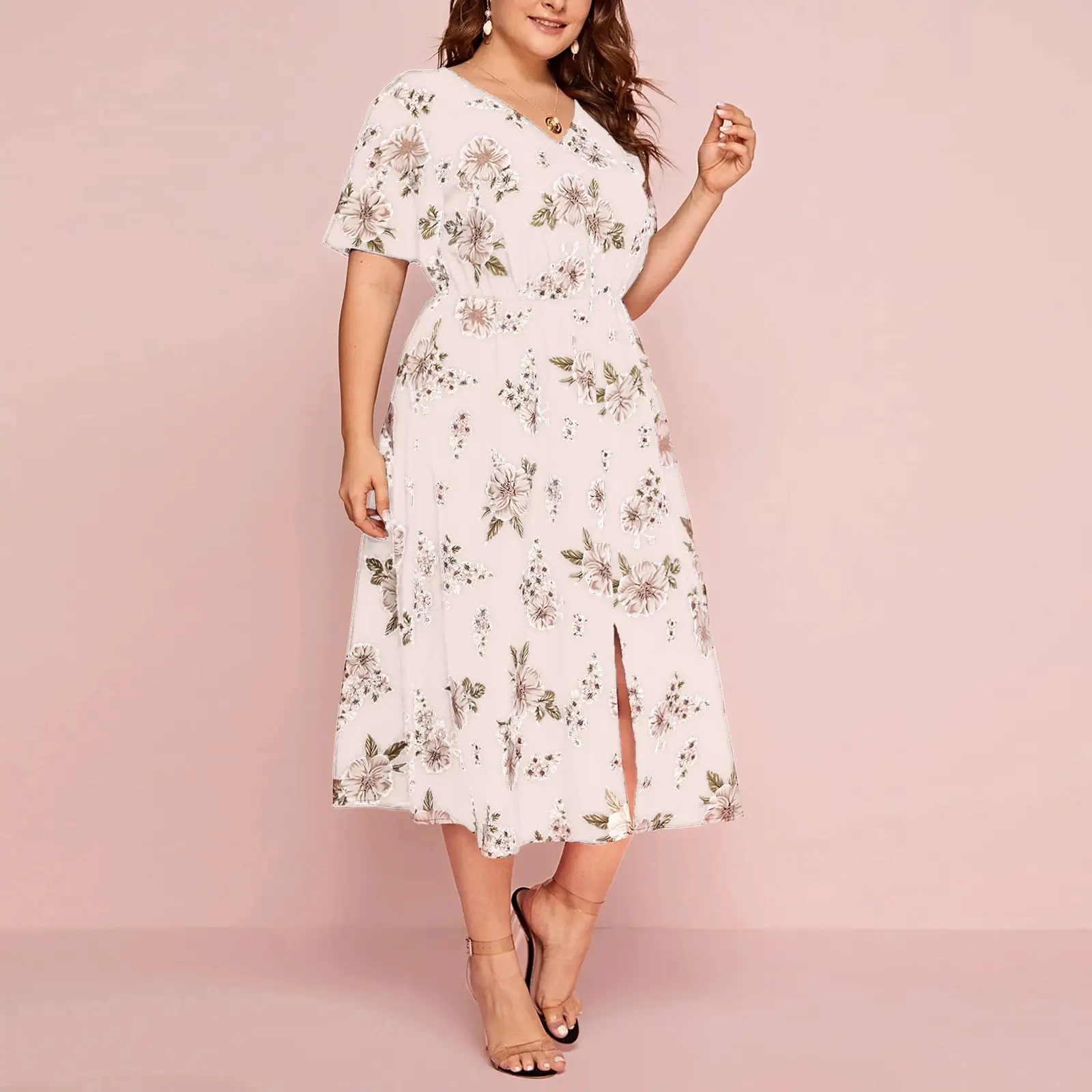 Plus Size Floral V-Neck Chiffon Dress Black - Image 3