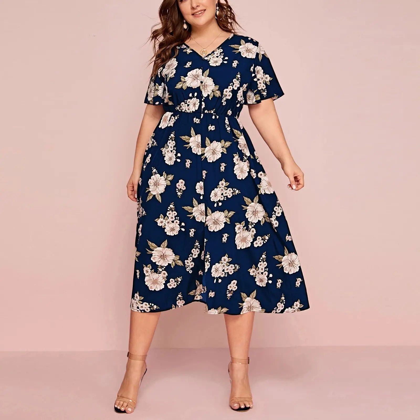 Plus Size Floral V-Neck Chiffon Dress Black - Image 4