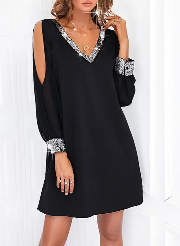 Black Off-Shoulder V-Neck Dress with Sequins