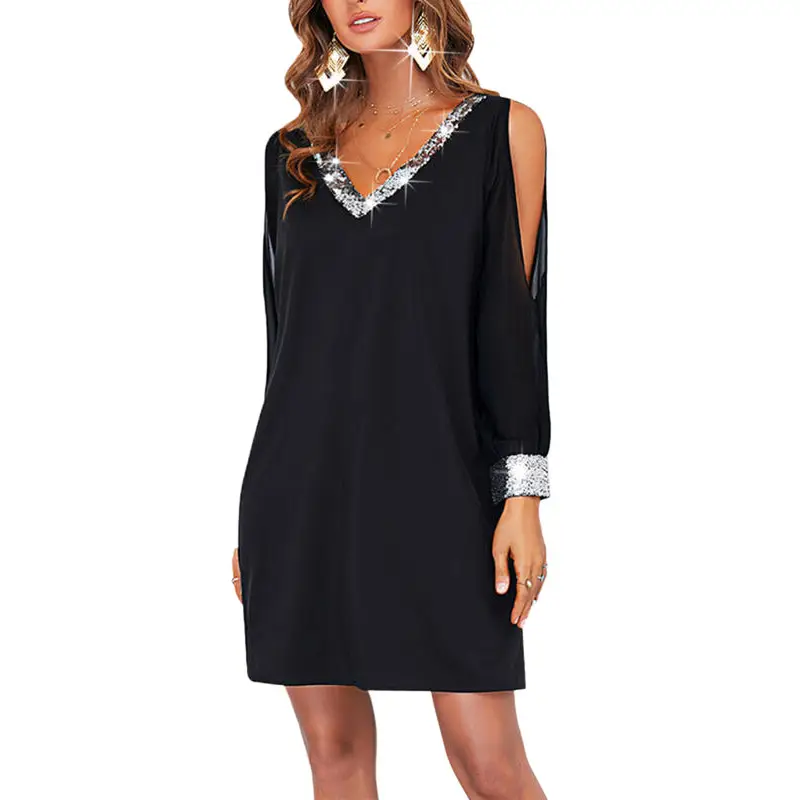 Black Off-Shoulder V-Neck Dress with Sequins