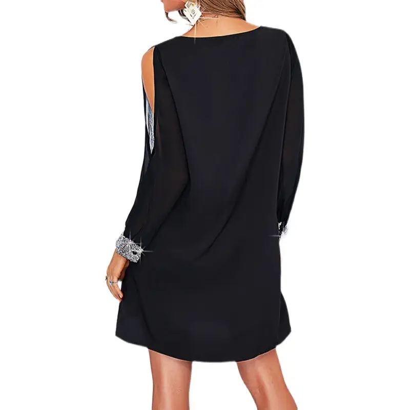 Black Off-Shoulder V-Neck Dress with Sequins