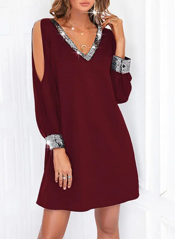 Black Off-Shoulder V-Neck Dress with Sequins