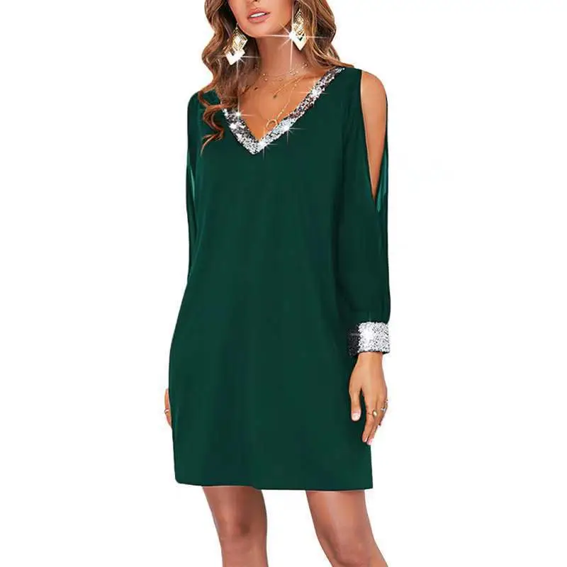 Black Off-Shoulder V-Neck Dress with Sequins