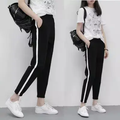2017 Korean Style Slim Fit Black Track Pants with White Stripes - Image 12