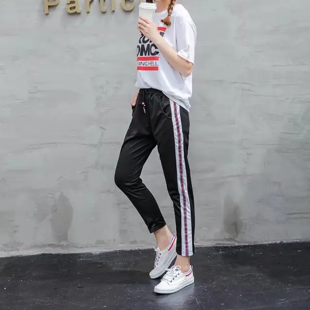 2017 Korean Style Slim Fit Black Track Pants with White Stripes - Image 14