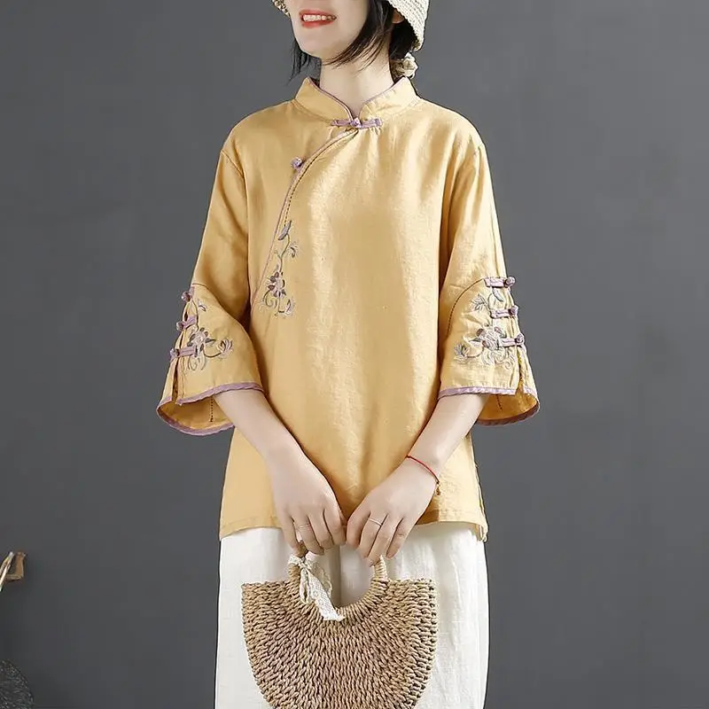 Women Chinese Style Cotton Shirt with Embroidered Neckline