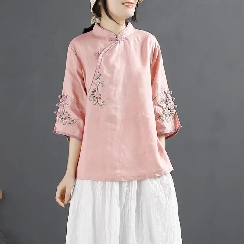 Women Chinese Style Cotton Shirt with Embroidered Neckline