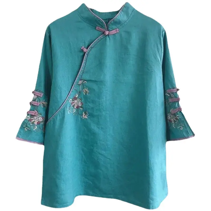 Women Chinese Style Cotton Shirt with Embroidered Neckline