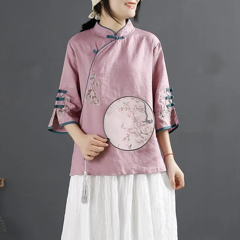 Women Chinese Style Cotton Shirt with Embroidered Neckline