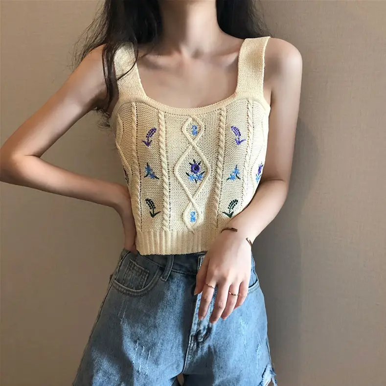 Women's Yellow Embroidered Knitted Camisole Short Top