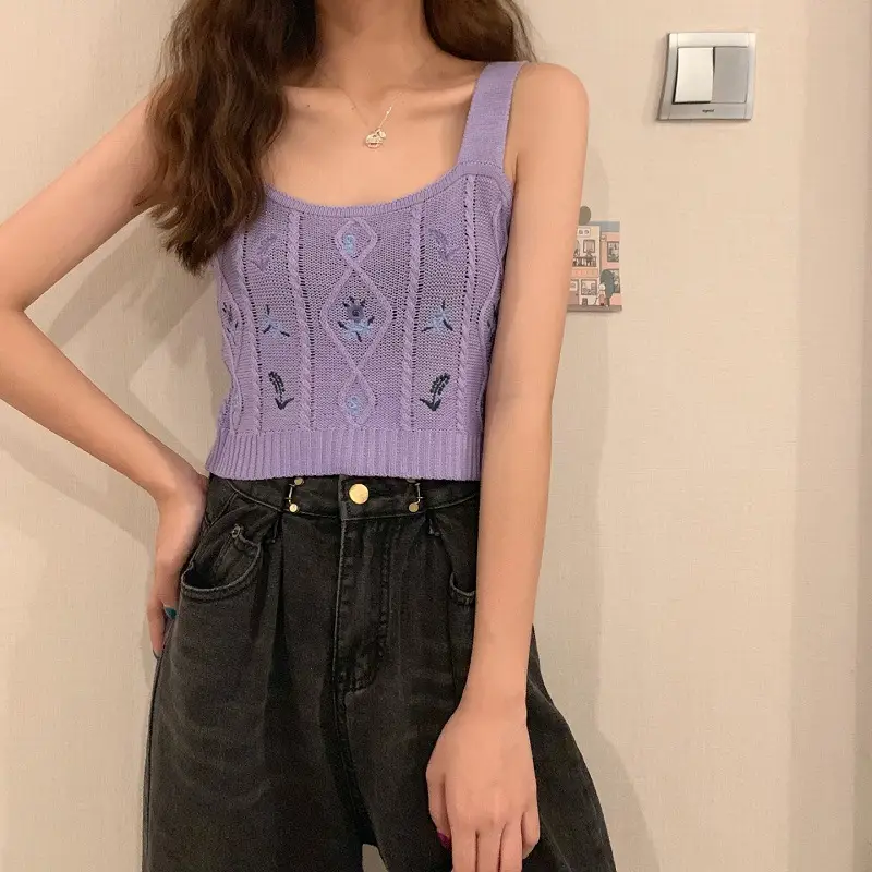 Women's Yellow Embroidered Knitted Camisole Short Top